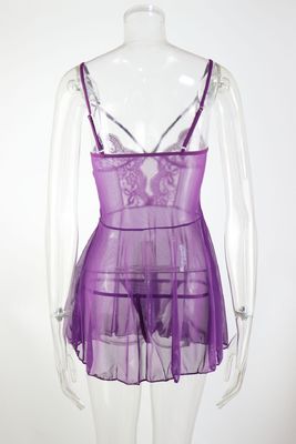 Purple Black See Through Lingerie Gown Dressing Graceful Floral Embroiled Backless Slip Skirt