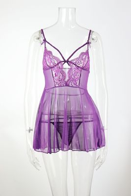 Purple Black See Through Lingerie Gown Dressing Graceful Floral Embroiled Backless Slip Skirt