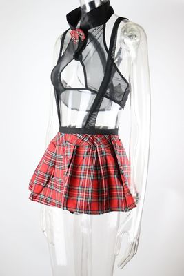 Cute Cosplay Costumes Lingerie Sexy Hater Bow Crop Top And Suspender Pleated Plaid Skirt