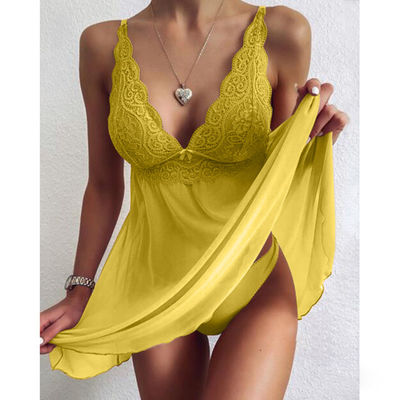 Women In Sexy See Through Lingerie Gown Ladies Nightgowns Housewear Stitching Deep V Mesh