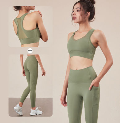 Sexy Fitness Sportswear Yoga Pants And Sports Bra Set Black Mesh  With Pockets