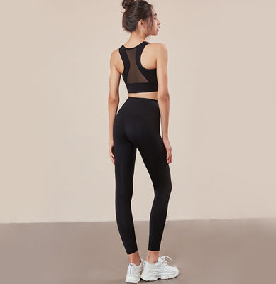 Sexy Fitness Sportswear Yoga Pants And Sports Bra Set Black Mesh  With Pockets
