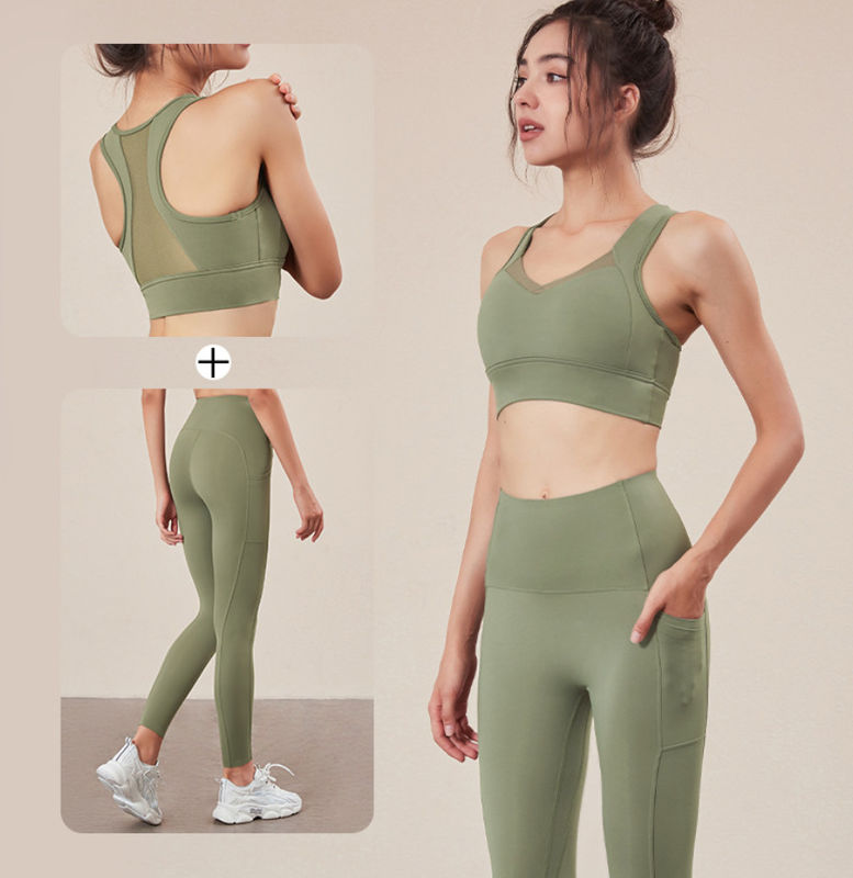Sexy Fitness Sportswear Yoga Pants And Sports Bra Set Black Mesh  With Pockets